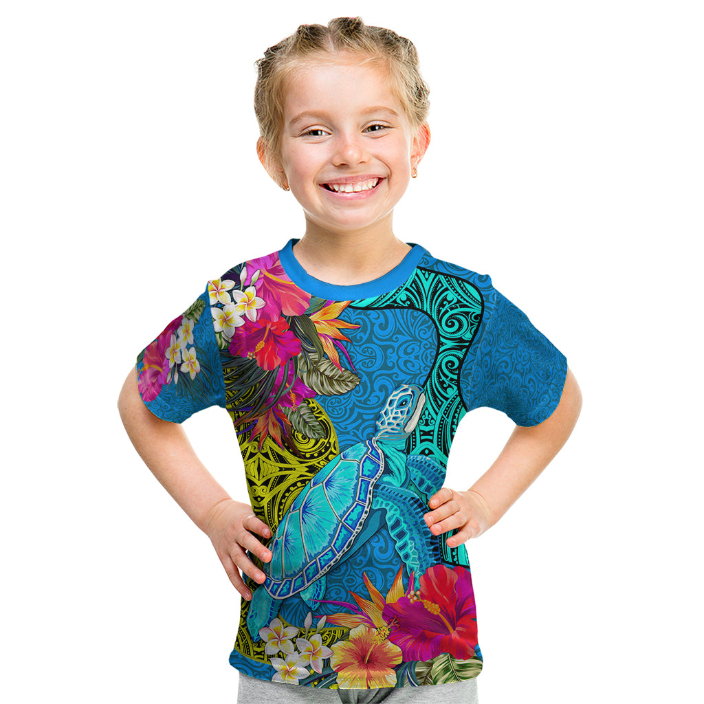 Polynesian Kid T Shirt The Turtle Jung Flower with Maori Pattern Ethnic Style LT03 Blue - Polynesian Pride