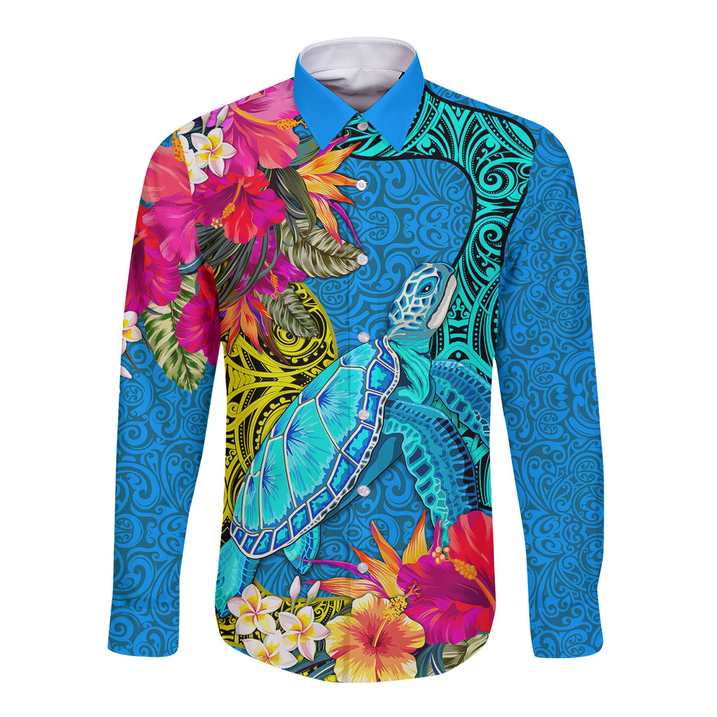 polynesian-long-sleeve-button-shirt-the-turtle-jung-flower-with-maori-pattern-ethnic-style