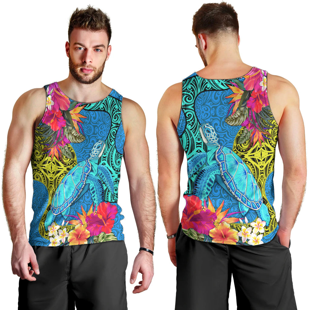 Polynesian Men Tank Top The Turtle Jung Flower with Maori Pattern Ethnic Style LT03 - Polynesian Pride