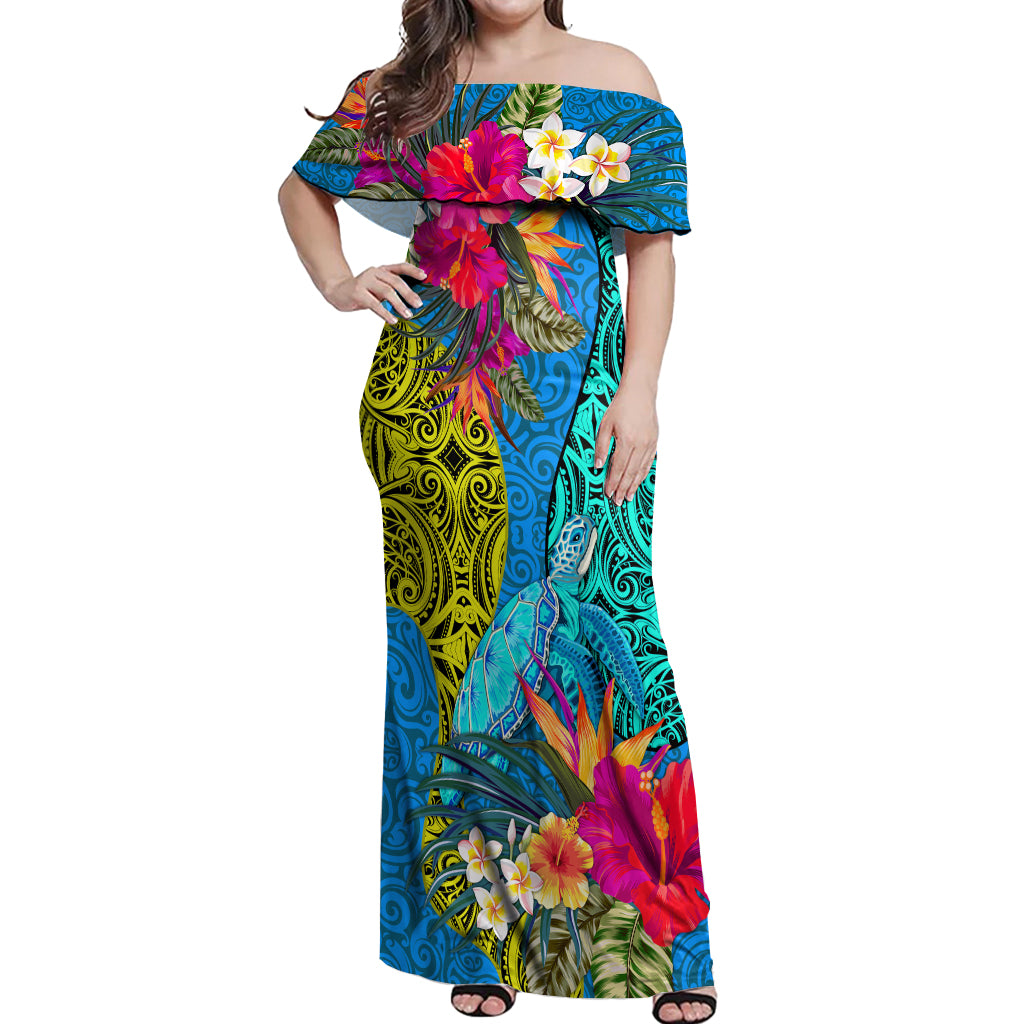 Polynesian Off Shoulder Maxi Dress The Turtle Jung Flower with Maori Pattern Ethnic Style LT03 Women Blue - Polynesian Pride