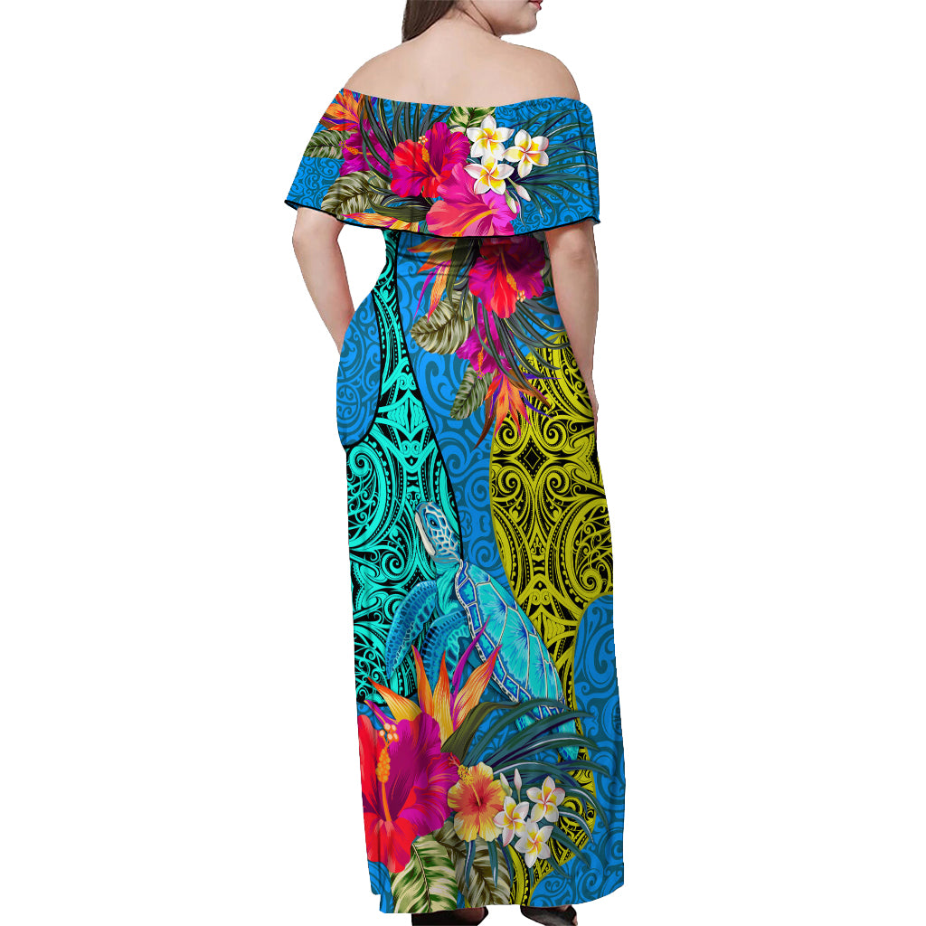 Polynesian Off Shoulder Maxi Dress The Turtle Jung Flower with Maori Pattern Ethnic Style LT03 - Polynesian Pride