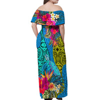 Polynesian Off Shoulder Maxi Dress The Turtle Jung Flower with Maori Pattern Ethnic Style LT03 - Polynesian Pride