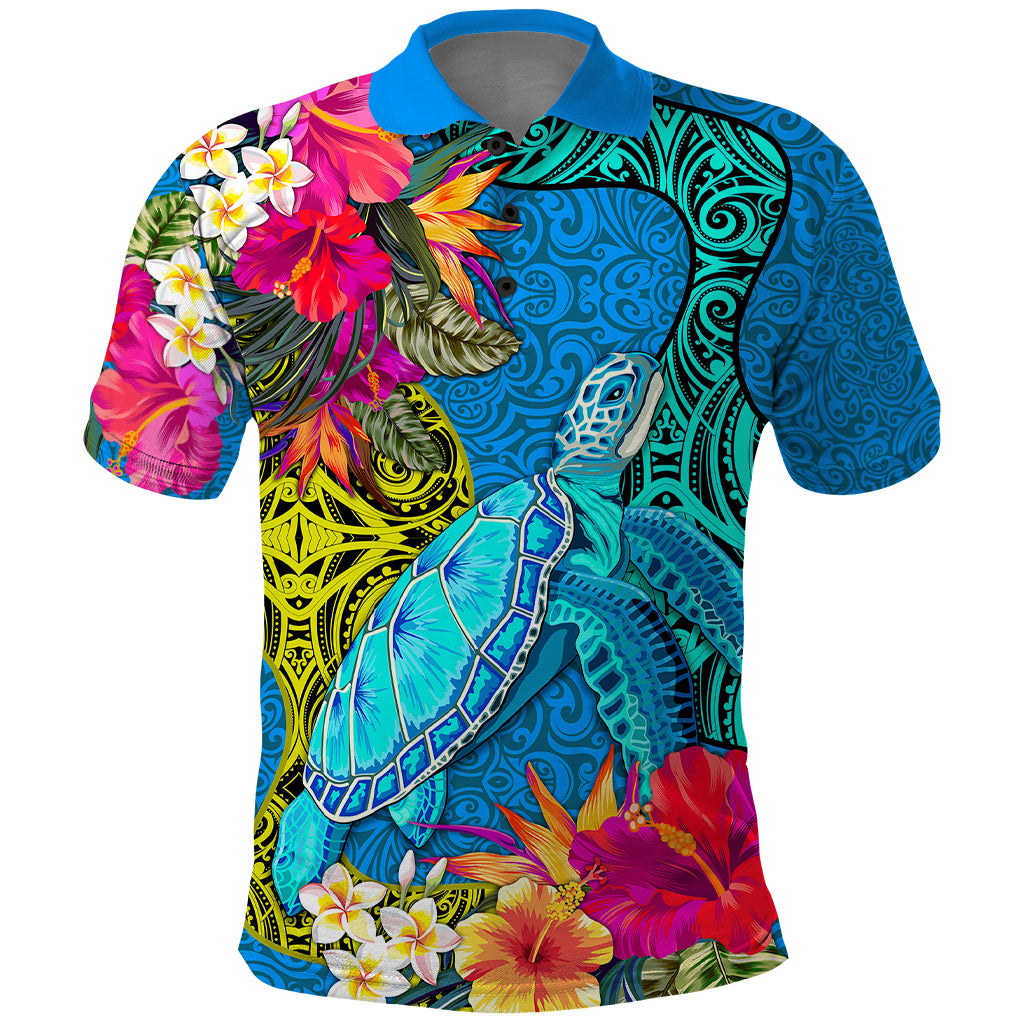 Polynesian Polo Shirt The Turtle Jung Flower with Maori Pattern Ethnic Style LT03 Blue - Polynesian Pride