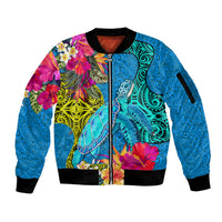 Polynesian Sleeve Zip Bomber Jacket The Turtle Jung Flower with Maori Pattern Ethnic Style LT03 Unisex Blue - Polynesian Pride