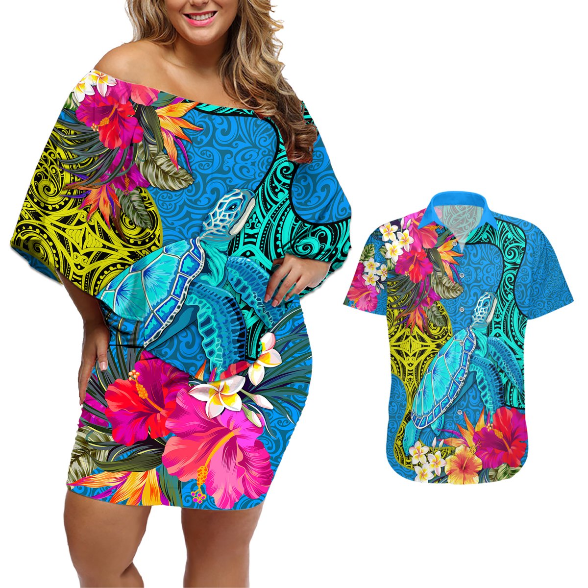 Custom Polynesian Couples Matching Off Shoulder Short Dress and Hawaiian Shirt The Turtle Jung Flower with Maori Pattern Ethnic Style LT03 Blue - Polynesian Pride