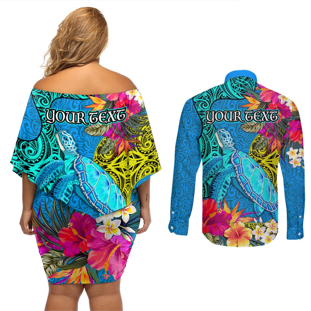 Custom Polynesian Couples Matching Off Shoulder Short Dress and Long Sleeve Button Shirts The Turtle Jung Flower with Maori Pattern Ethnic Style LT03 - Polynesian Pride