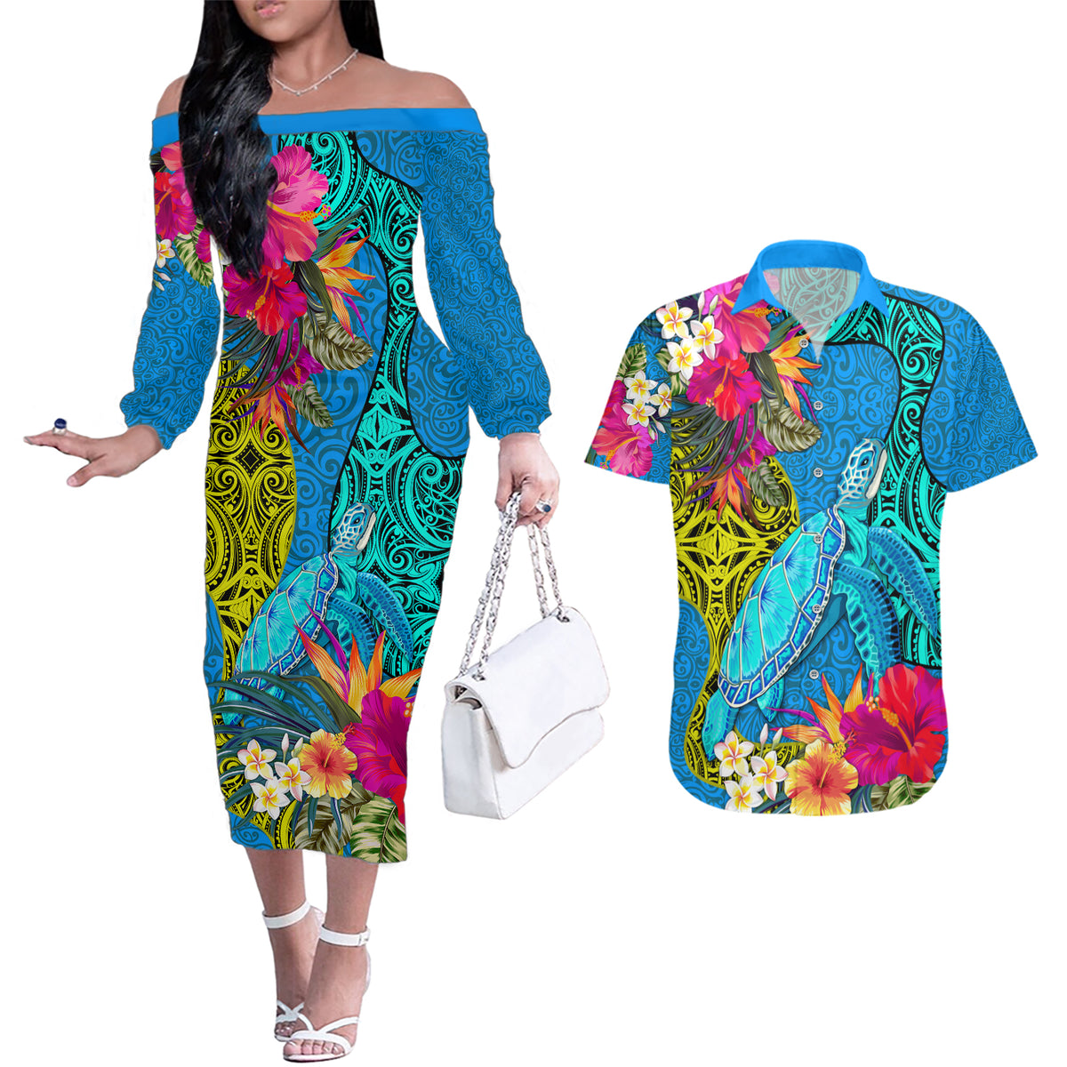 Custom Polynesian Couples Matching Off The Shoulder Long Sleeve Dress and Hawaiian Shirt The Turtle Jung Flower with Maori Pattern Ethnic Style LT03 Blue - Polynesian Pride