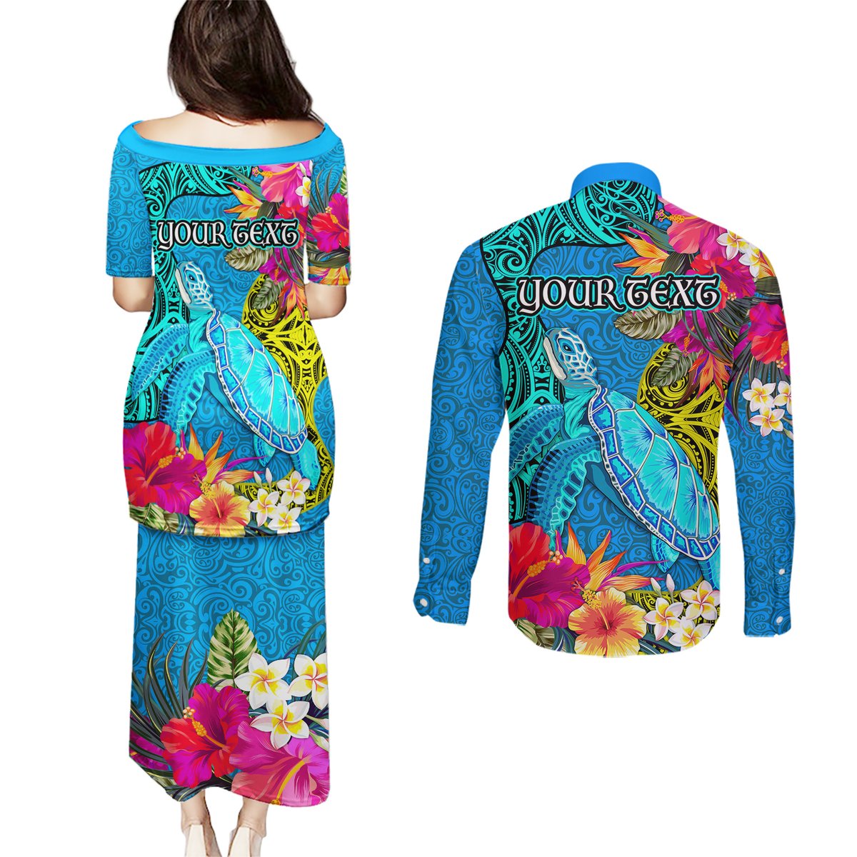 Custom Polynesian Couples Matching Puletasi Dress and Long Sleeve Button Shirts The Turtle Jung Flower with Maori Pattern Ethnic Style LT03 - Polynesian Pride