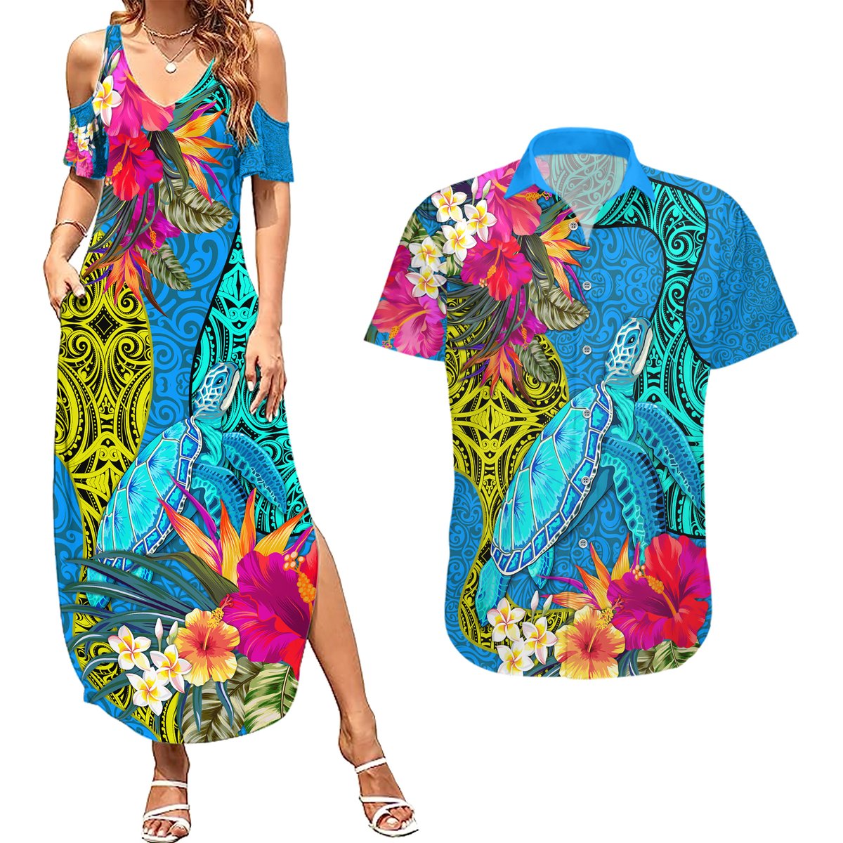Custom Polynesian Couples Matching Summer Maxi Dress and Hawaiian Shirt The Turtle Jung Flower with Maori Pattern Ethnic Style LT03 Blue - Polynesian Pride