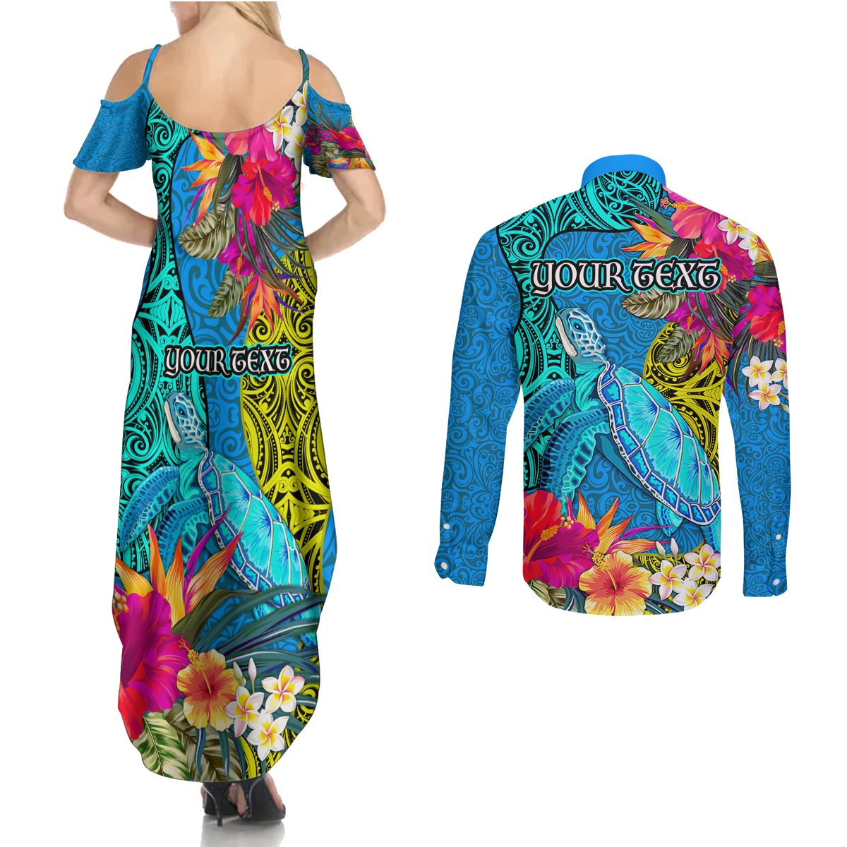 Custom Polynesian Couples Matching Summer Maxi Dress and Long Sleeve Button Shirts The Turtle Jung Flower with Maori Pattern Ethnic Style LT03 - Polynesian Pride