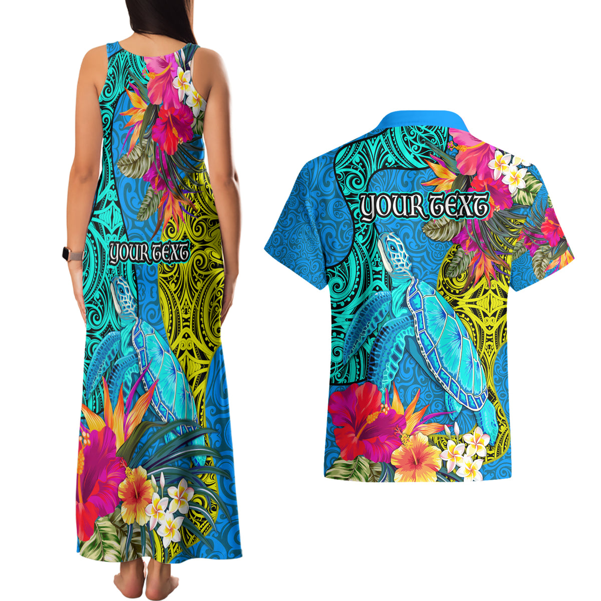 Custom Polynesian Couples Matching Tank Maxi Dress and Hawaiian Shirt The Turtle Jung Flower with Maori Pattern Ethnic Style LT03 - Polynesian Pride