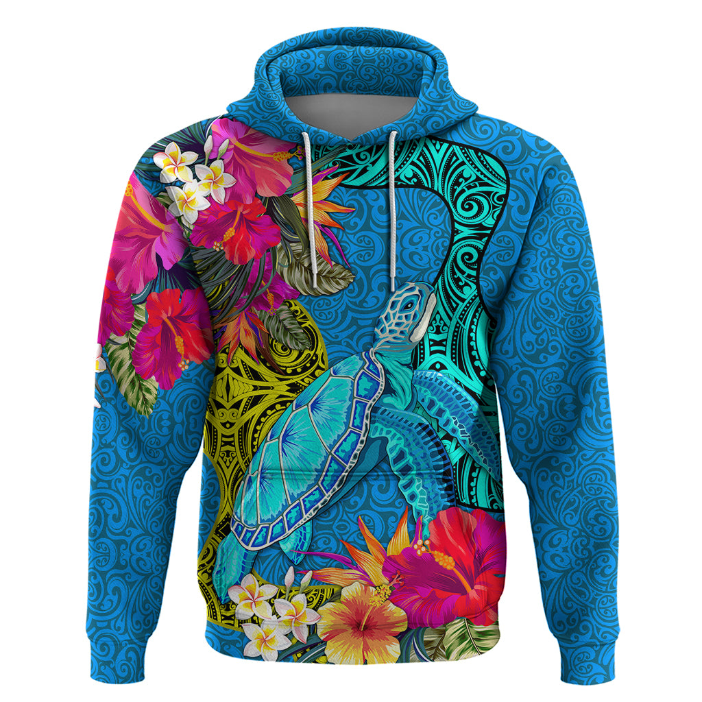 Custom Polynesian Hoodie The Turtle Jung Flower with Maori Pattern Ethnic Style LT03 Pullover Hoodie Blue - Polynesian Pride