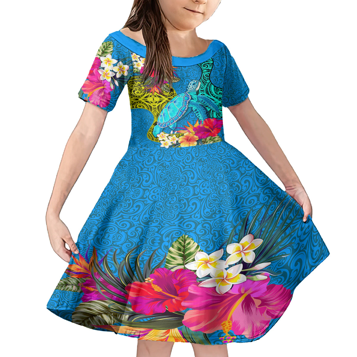 Custom Polynesian Kid Short Sleeve Dress The Turtle Jung Flower with Maori Pattern Ethnic Style LT03 KID Blue - Polynesian Pride