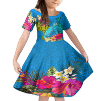 Custom Polynesian Kid Short Sleeve Dress The Turtle Jung Flower with Maori Pattern Ethnic Style LT03 KID Blue - Polynesian Pride