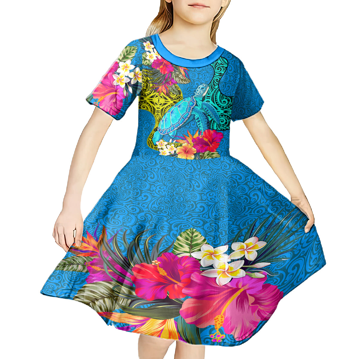 Custom Polynesian Kid Short Sleeve Dress The Turtle Jung Flower with Maori Pattern Ethnic Style LT03 - Polynesian Pride