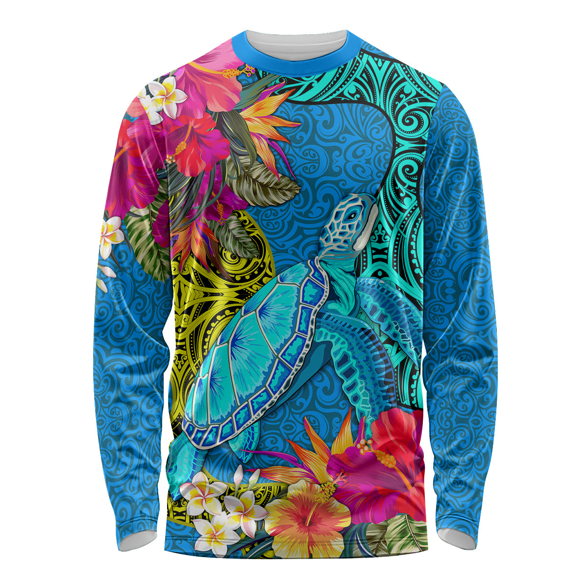 Custom Polynesian Long Sleeve Shirt The Turtle Jung Flower with Maori Pattern Ethnic Style LT03 Unisex Blue - Polynesian Pride