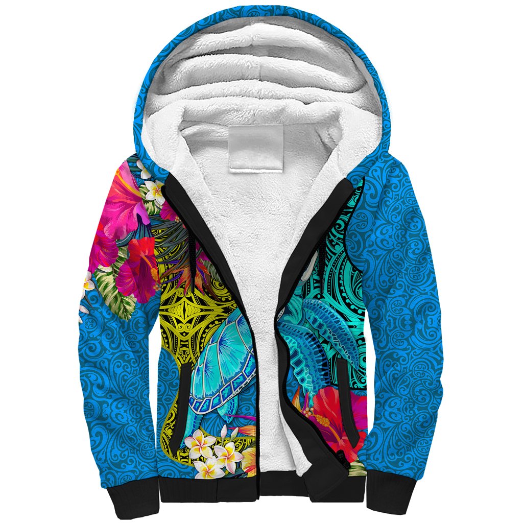 Custom Polynesian Sherpa Hoodie The Turtle Jung Flower with Maori Pattern Ethnic Style LT03 Unisex Blue - Polynesian Pride