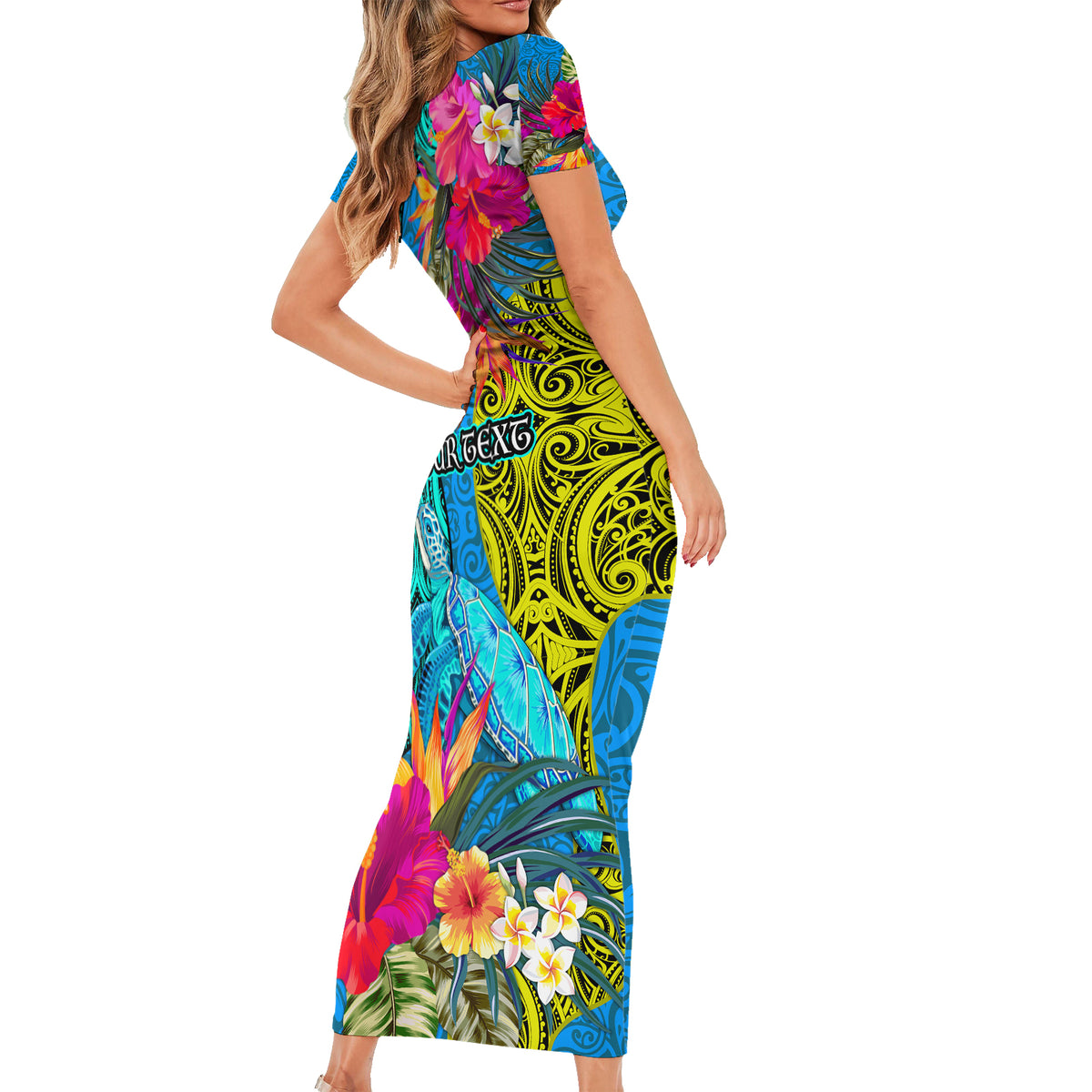 custom-polynesian-short-sleeve-bodycon-dress-the-turtle-jung-flower-with-maori-pattern-ethnic-style