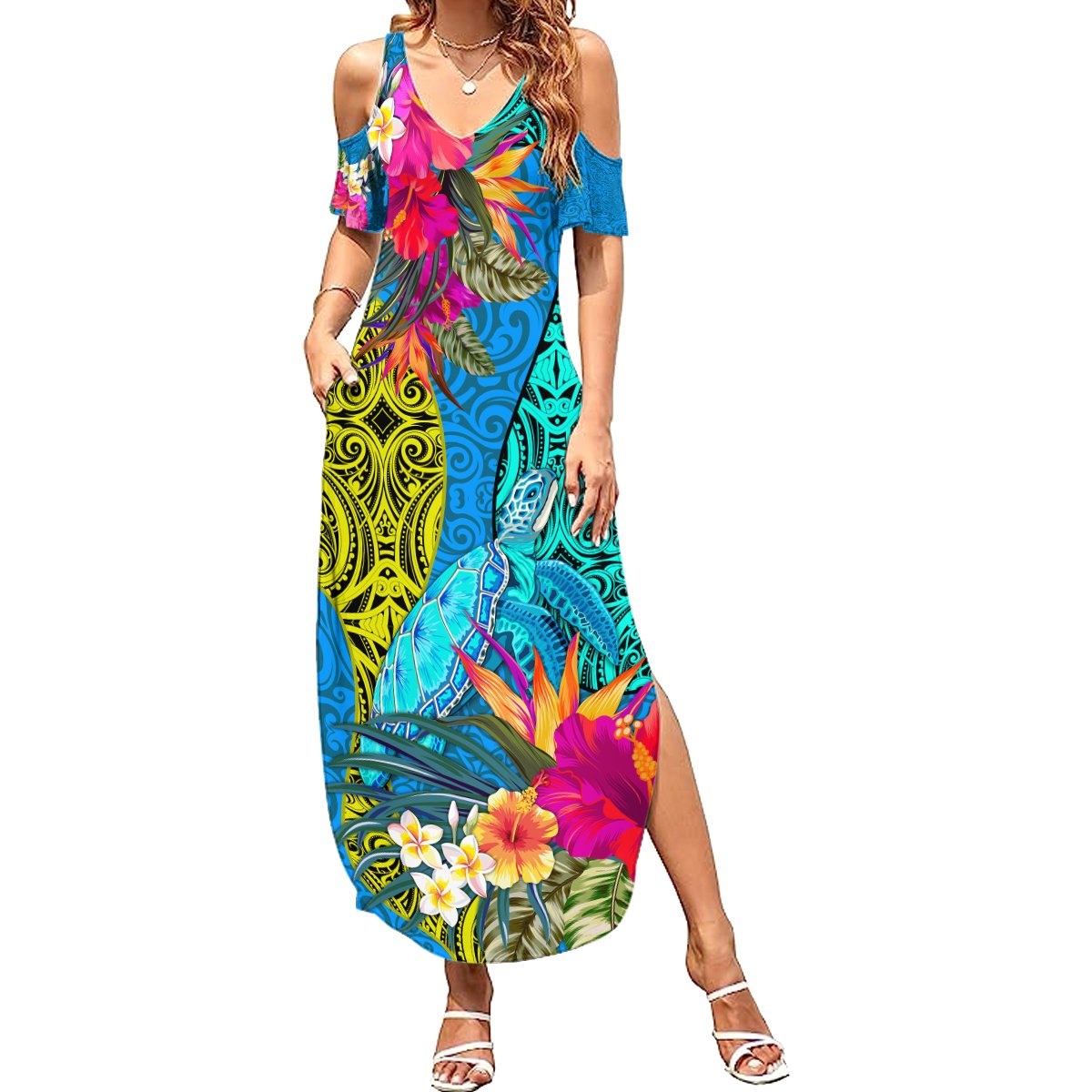 Custom Polynesian Summer Maxi Dress The Turtle Jung Flower with Maori Pattern Ethnic Style LT03 Women Blue - Polynesian Pride