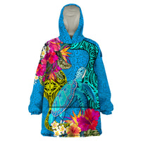 Custom Polynesian Wearable Blanket Hoodie The Turtle Jung Flower with Maori Pattern Ethnic Style LT03 One Size Blue - Polynesian Pride