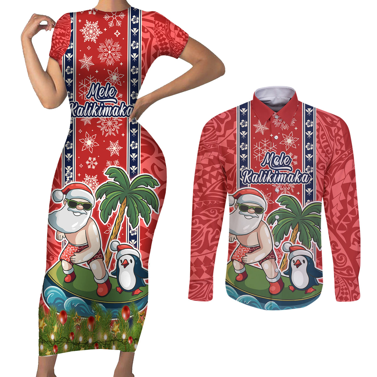 hawaii-christmas-couples-matching-short-sleeve-bodycon-dress-and-long-sleeve-button-shirts-the-santa-surfing-hawaii-xmas-style