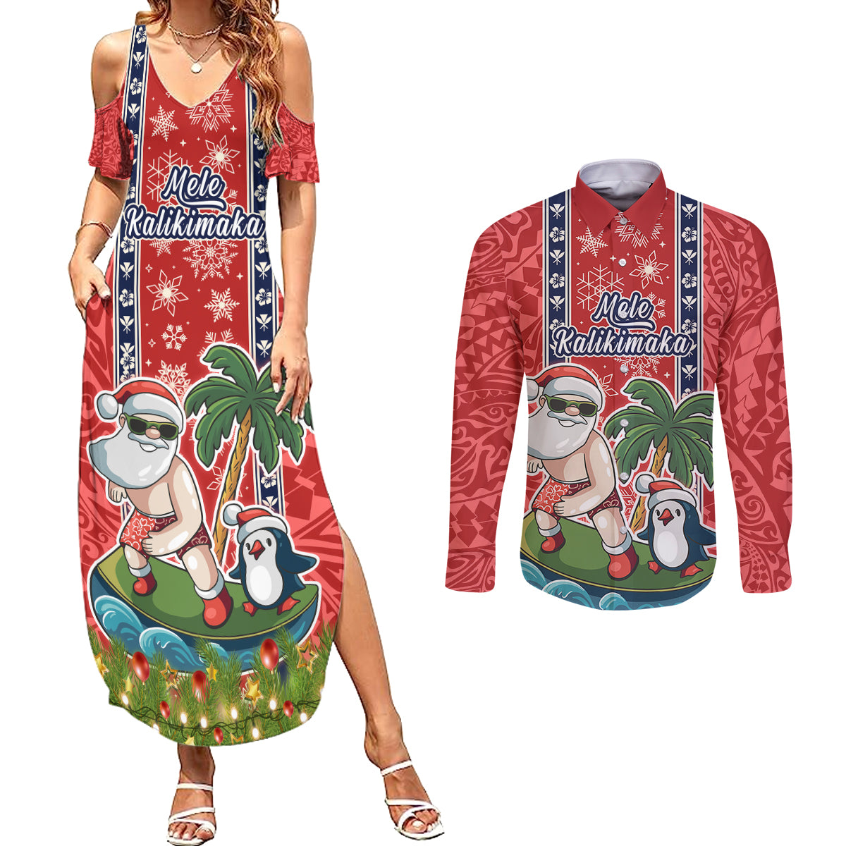hawaii-christmas-couples-matching-summer-maxi-dress-and-long-sleeve-button-shirts-the-santa-surfing-hawaii-xmas-style