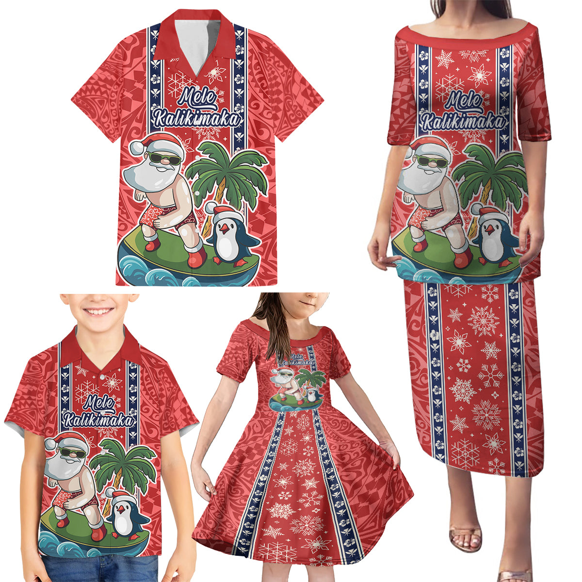 Hawaii Christmas Family Matching Puletasi Dress and Hawaiian Shirt The Santa Surfing Hawaii Xmas Style LT03 - Polynesian Pride