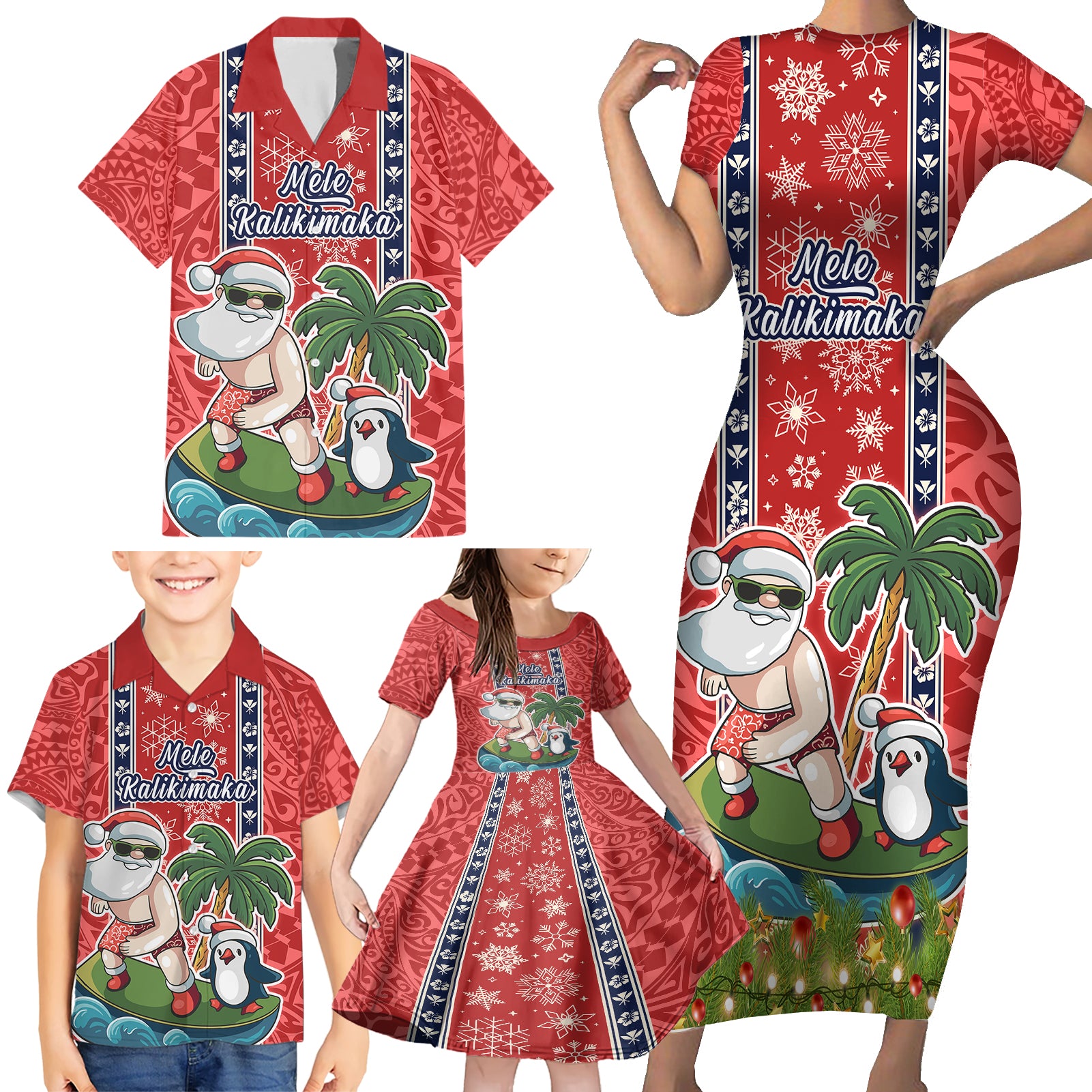 hawaii-christmas-family-matching-short-sleeve-bodycon-dress-and-hawaiian-shirt-the-santa-surfing-hawaii-xmas-style