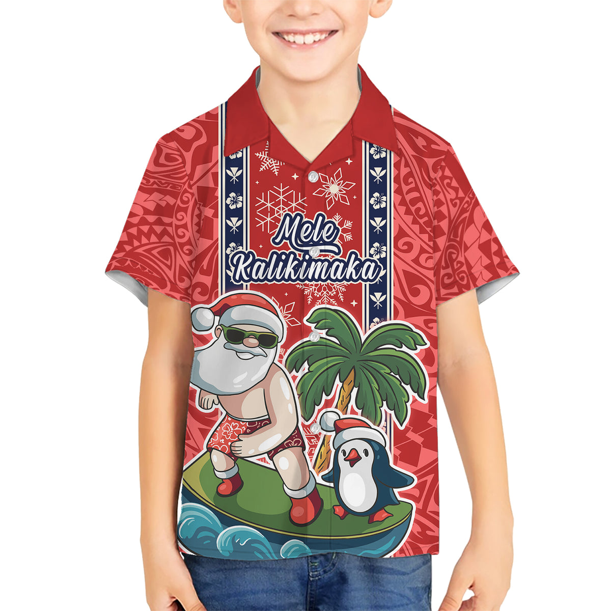 hawaii-christmas-family-matching-short-sleeve-bodycon-dress-and-hawaiian-shirt-the-santa-surfing-hawaii-xmas-style