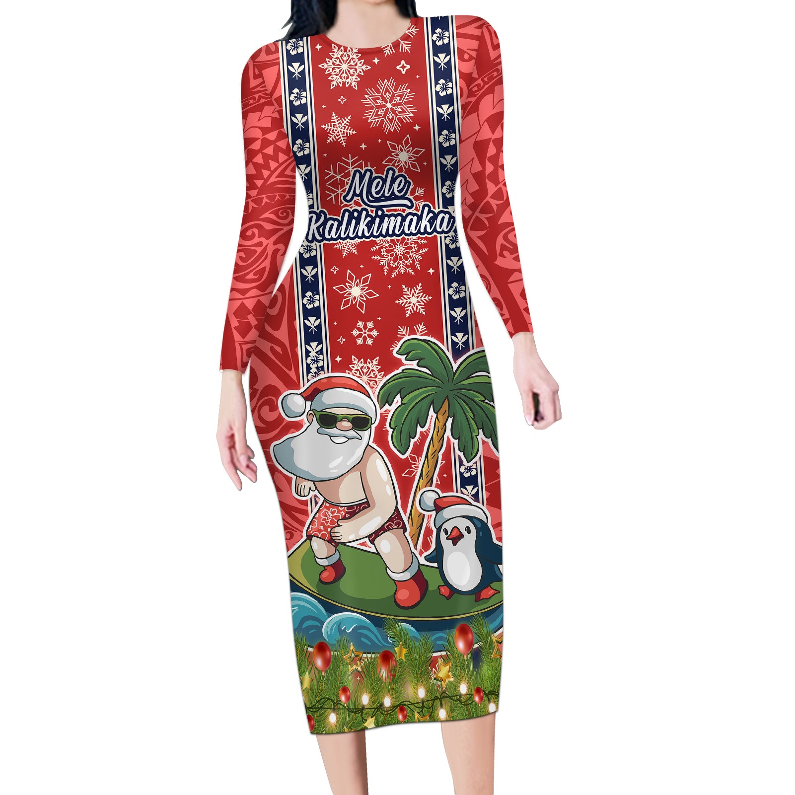 hawaii-christmas-long-sleeve-bodycon-dress-the-santa-surfing-hawaii-xmas-style