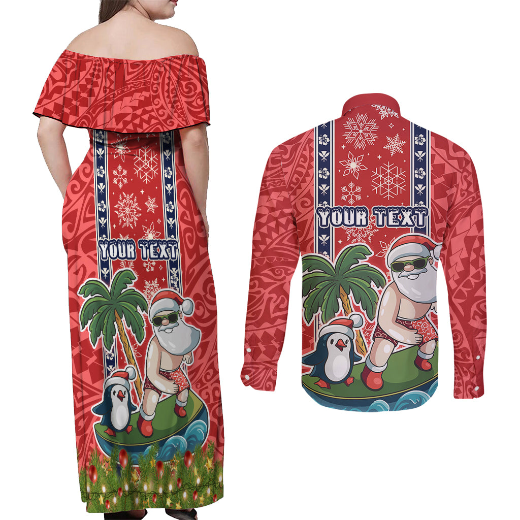 Custom Hawaii Christmas Couples Matching Off Shoulder Maxi Dress and Long Sleeve Button Shirts The Santa Surfing Hawaii Xmas Style LT03 - Polynesian Pride
