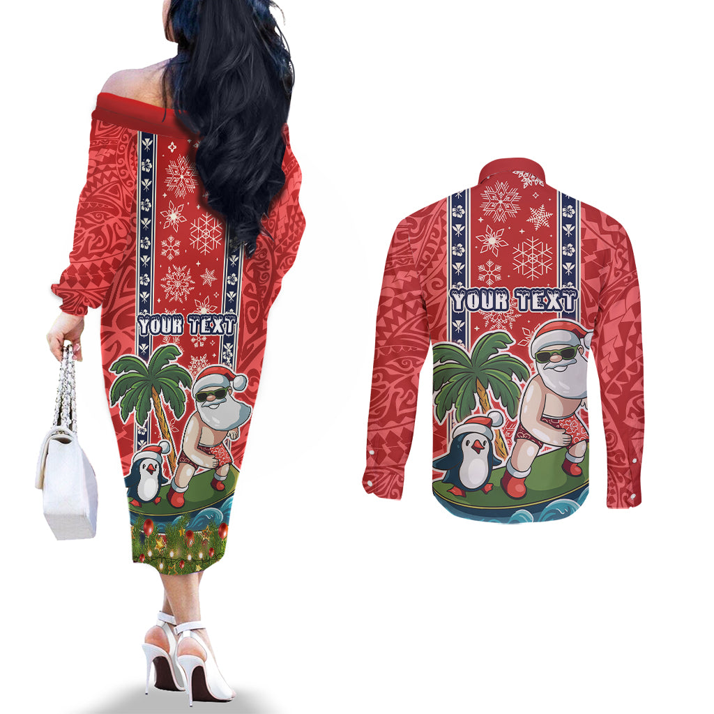 Custom Hawaii Christmas Couples Matching Off The Shoulder Long Sleeve Dress and Long Sleeve Button Shirts The Santa Surfing Hawaii Xmas Style LT03 - Polynesian Pride