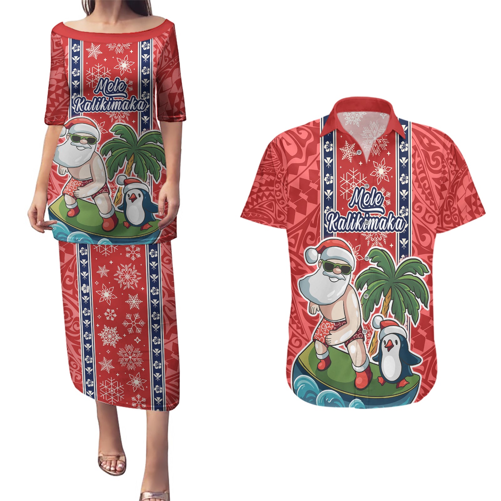 Custom Hawaii Christmas Couples Matching Puletasi Dress and Hawaiian Shirt The Santa Surfing Hawaii Xmas Style LT03 Red - Polynesian Pride