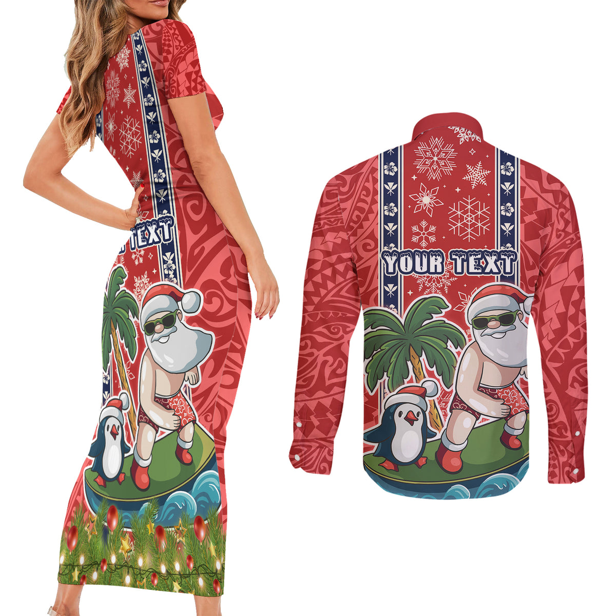 Custom Hawaii Christmas Couples Matching Short Sleeve Bodycon Dress and Long Sleeve Button Shirts The Santa Surfing Hawaii Xmas Style LT03 - Polynesian Pride