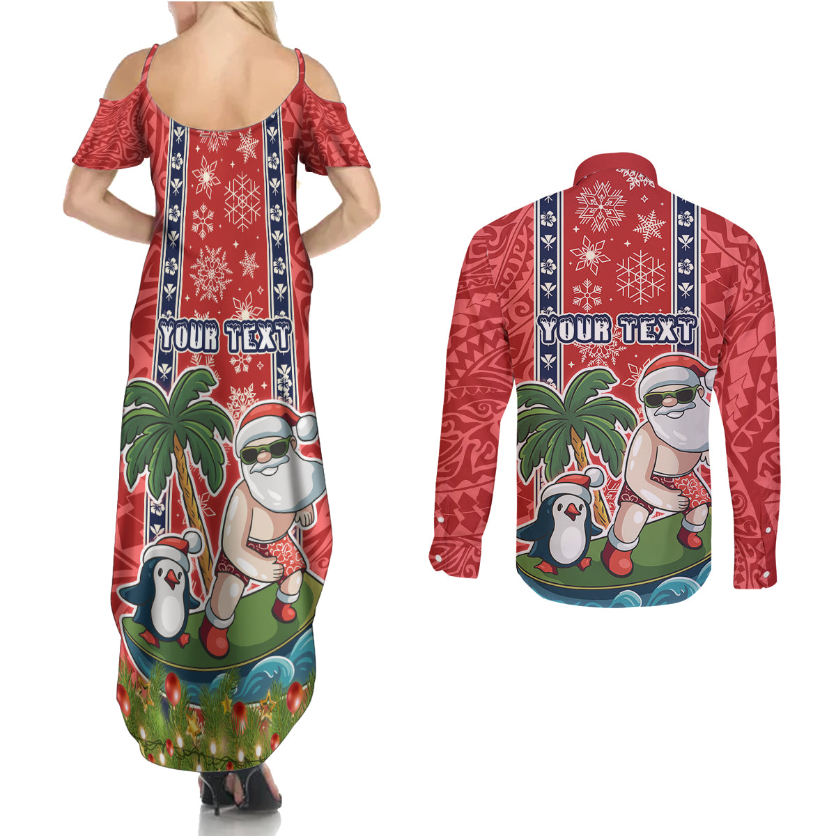 custom-hawaii-christmas-couples-matching-summer-maxi-dress-and-long-sleeve-button-shirts-the-santa-surfing-hawaii-xmas-style