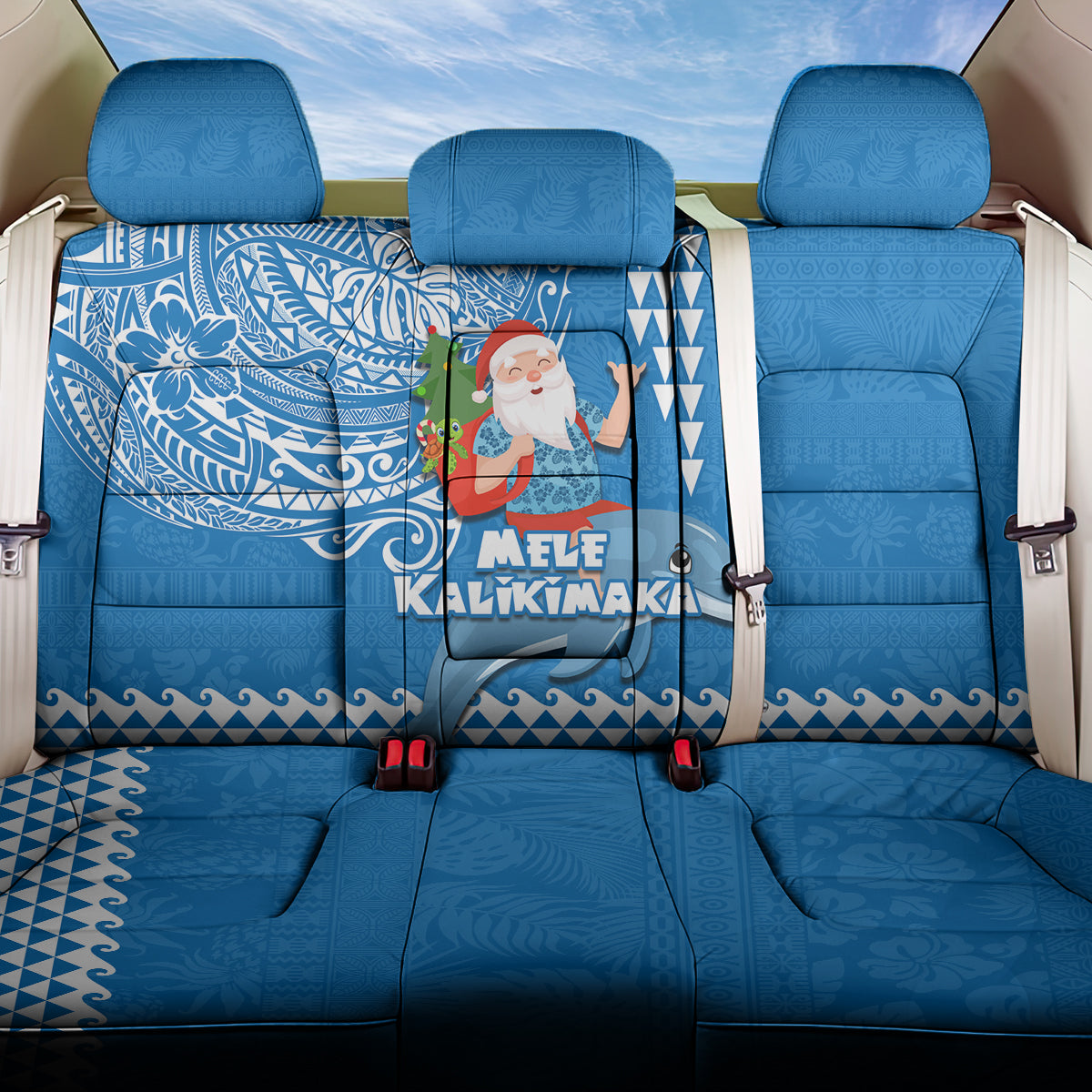 Hawaii Mele Kalikimaka Back Car Seat Cover Santa Riding The DolPhin Mix Kakau Pattern Blue Style LT03 One Size Blue - Polynesian Pride