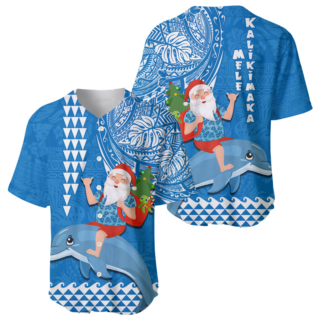 Hawaii Mele Kalikimaka Baseball Jersey Santa Riding The DolPhin Mix Kakau Pattern Blue Style LT03 - Polynesian Pride