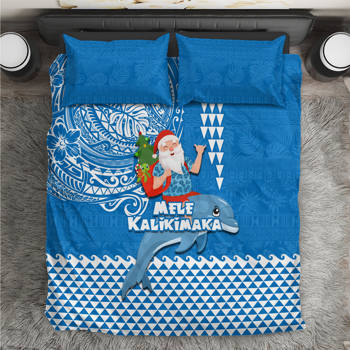 Hawaii Mele Kalikimaka Bedding Set Santa Riding The DolPhin Mix Kakau Pattern Blue Style LT03 Blue - Polynesian Pride