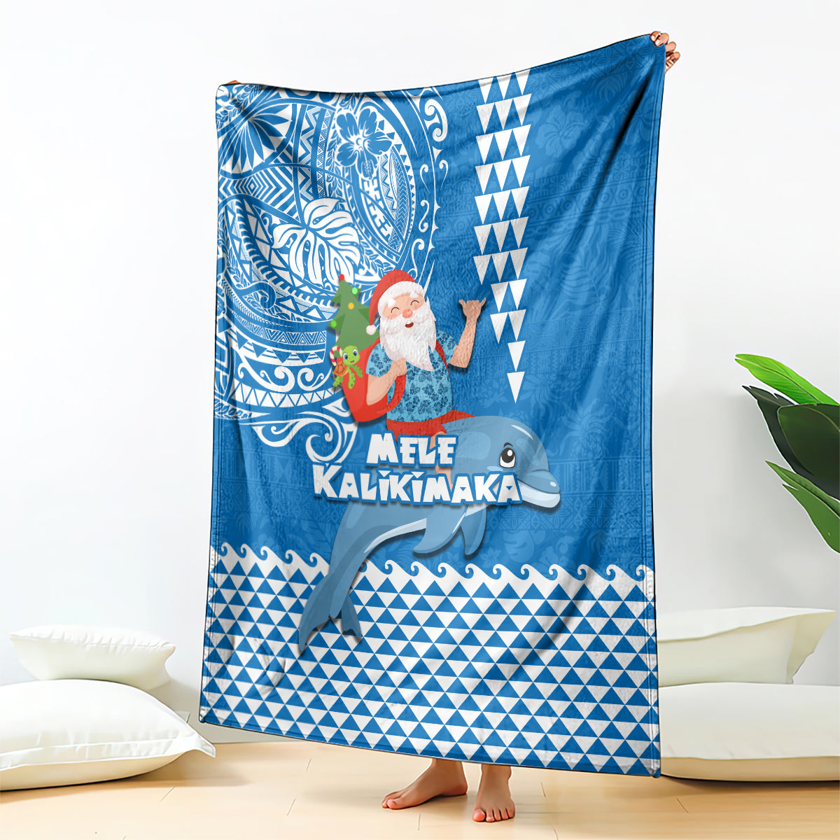 Hawaii Mele Kalikimaka Blanket Santa Riding The DolPhin Mix Kakau Pattern Blue Style LT03 Blue - Polynesian Pride