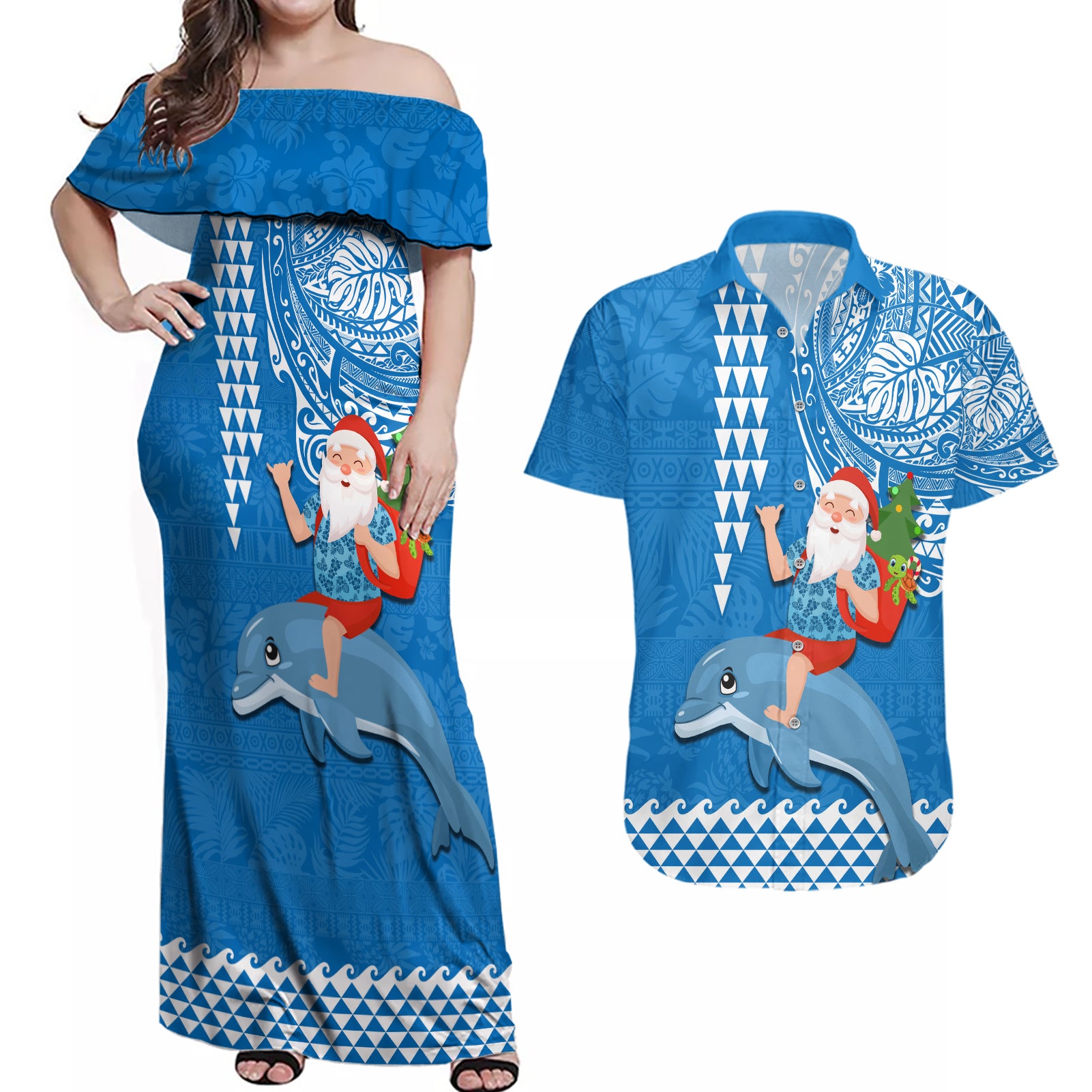 Hawaii Mele Kalikimaka Couples Matching Off Shoulder Maxi Dress and Hawaiian Shirt Santa Riding The DolPhin Mix Kakau Pattern Blue Style LT03 Blue - Polynesian Pride