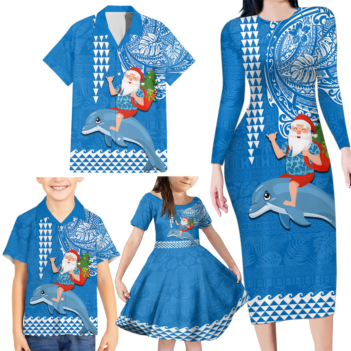 Hawaii Mele Kalikimaka Family Matching Long Sleeve Bodycon Dress and Hawaiian Shirt Santa Riding The DolPhin Mix Kakau Pattern Blue Style LT03 - Polynesian Pride