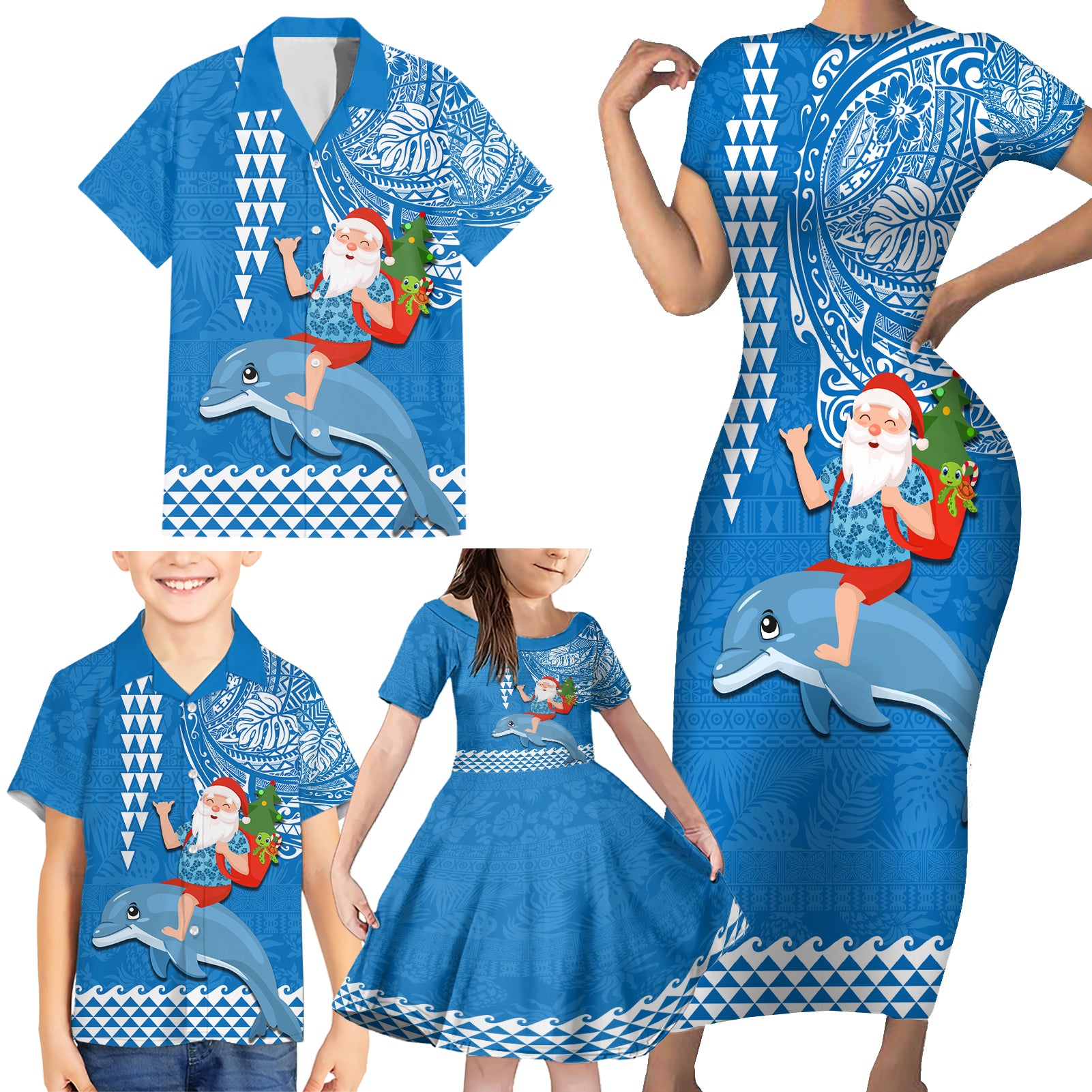 Hawaii Mele Kalikimaka Family Matching Short Sleeve Bodycon Dress and Hawaiian Shirt Santa Riding The DolPhin Mix Kakau Pattern Blue Style LT03 - Polynesian Pride