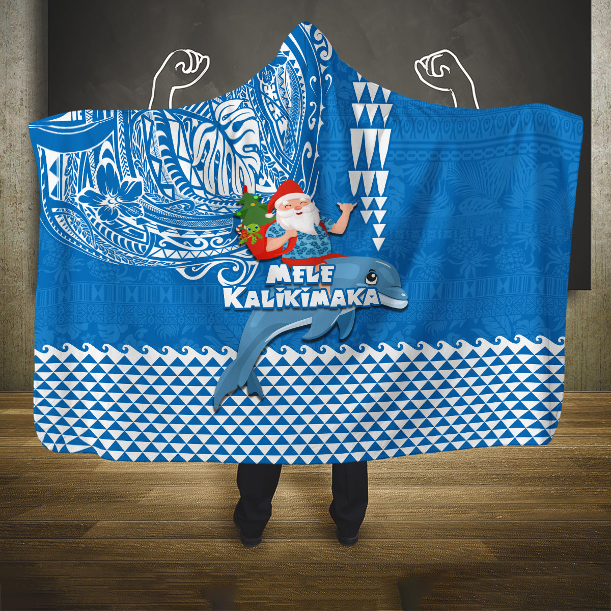 Hawaii Mele Kalikimaka Hooded Blanket Santa Riding The DolPhin Mix Kakau Pattern Blue Style LT03 One Size Blue - Polynesian Pride