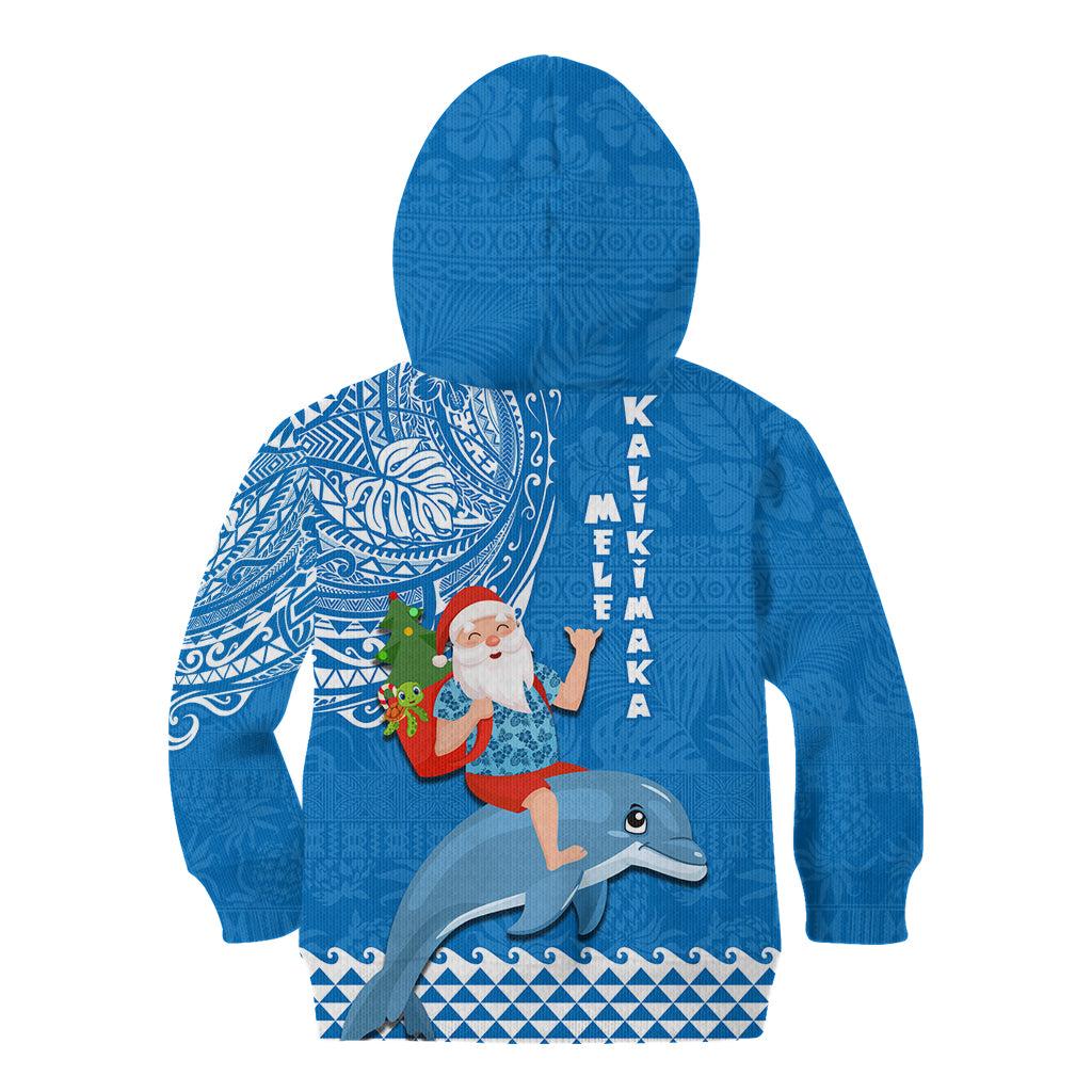 Hawaii Mele Kalikimaka Kid Hoodie Santa Riding The DolPhin Mix Kakau Pattern Blue Style LT03 - Polynesian Pride