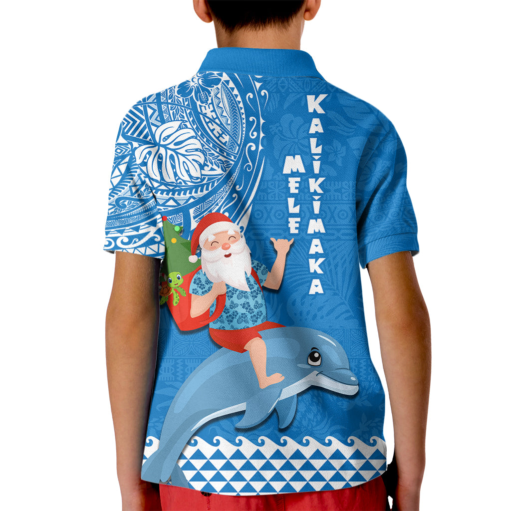 Hawaii Mele Kalikimaka Kid Polo Shirt Santa Riding The DolPhin Mix Kakau Pattern Blue Style LT03 - Polynesian Pride