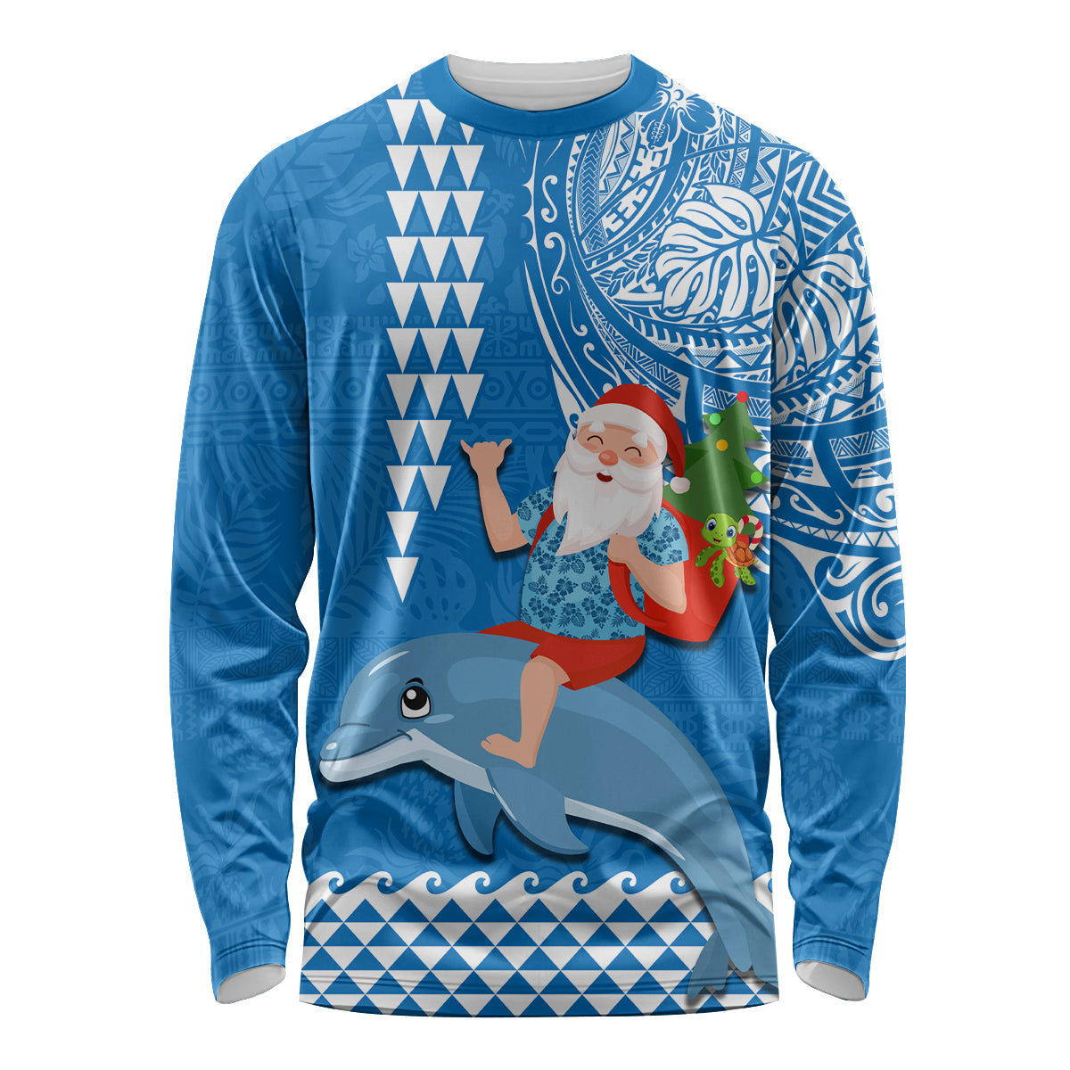 Hawaii Mele Kalikimaka Long Sleeve Shirt Santa Riding The DolPhin Mix Kakau Pattern Blue Style LT03 Unisex Blue - Polynesian Pride