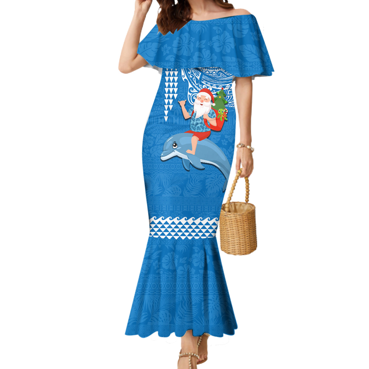 Hawaii Mele Kalikimaka Mermaid Dress Santa Riding The DolPhin Mix Kakau Pattern Blue Style LT03 Women Blue - Polynesian Pride