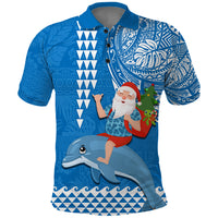 Hawaii Mele Kalikimaka Polo Shirt Santa Riding The DolPhin Mix Kakau Pattern Blue Style LT03 Blue - Polynesian Pride