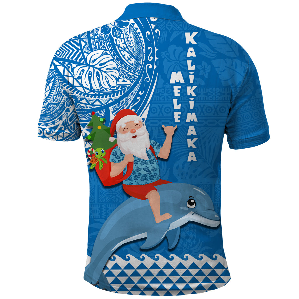 Hawaii Mele Kalikimaka Polo Shirt Santa Riding The DolPhin Mix Kakau Pattern Blue Style LT03 - Polynesian Pride