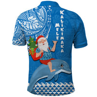 Hawaii Mele Kalikimaka Polo Shirt Santa Riding The DolPhin Mix Kakau Pattern Blue Style LT03 - Polynesian Pride